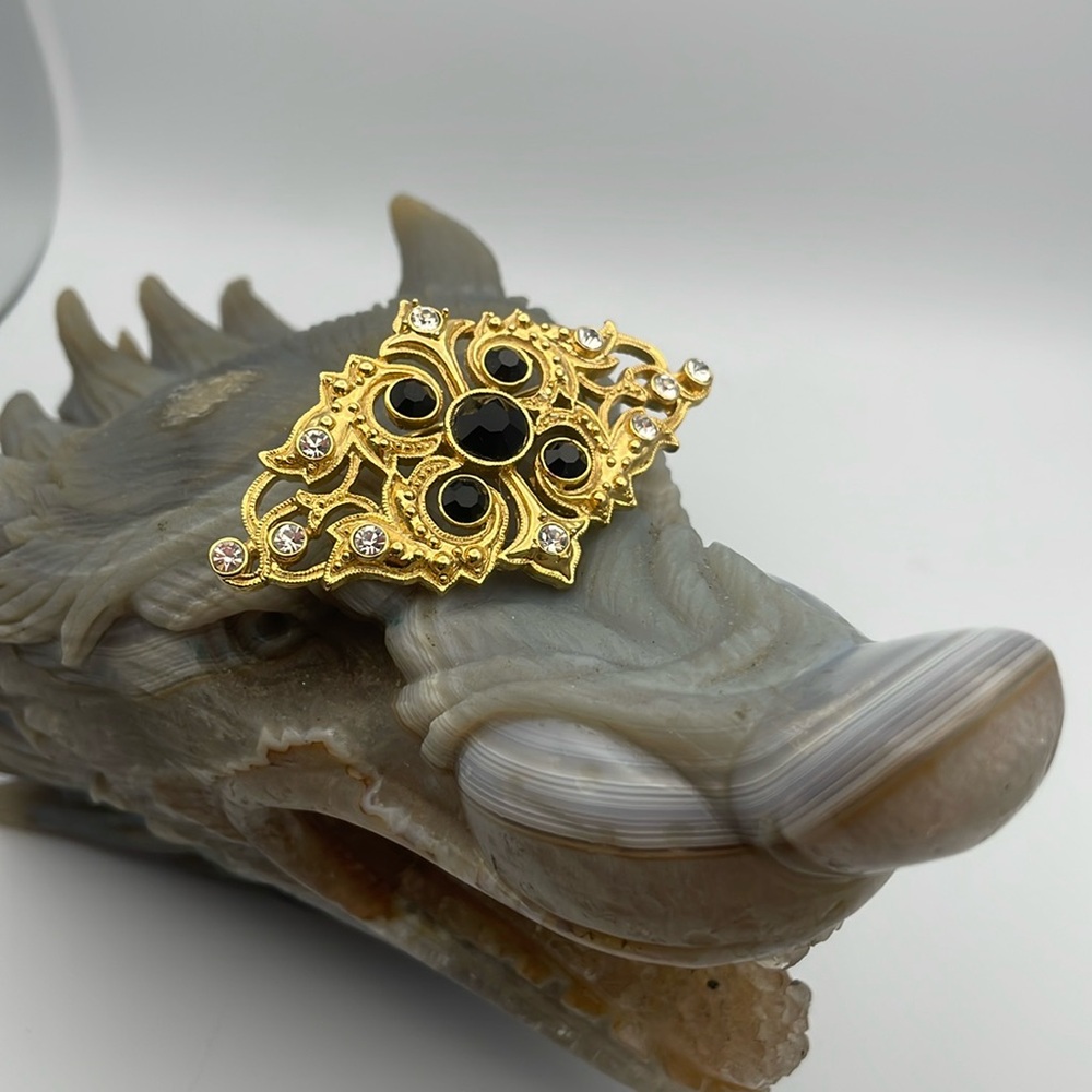 1928 Brand Gold Tone With Clear And Black Rhinestone Brooch